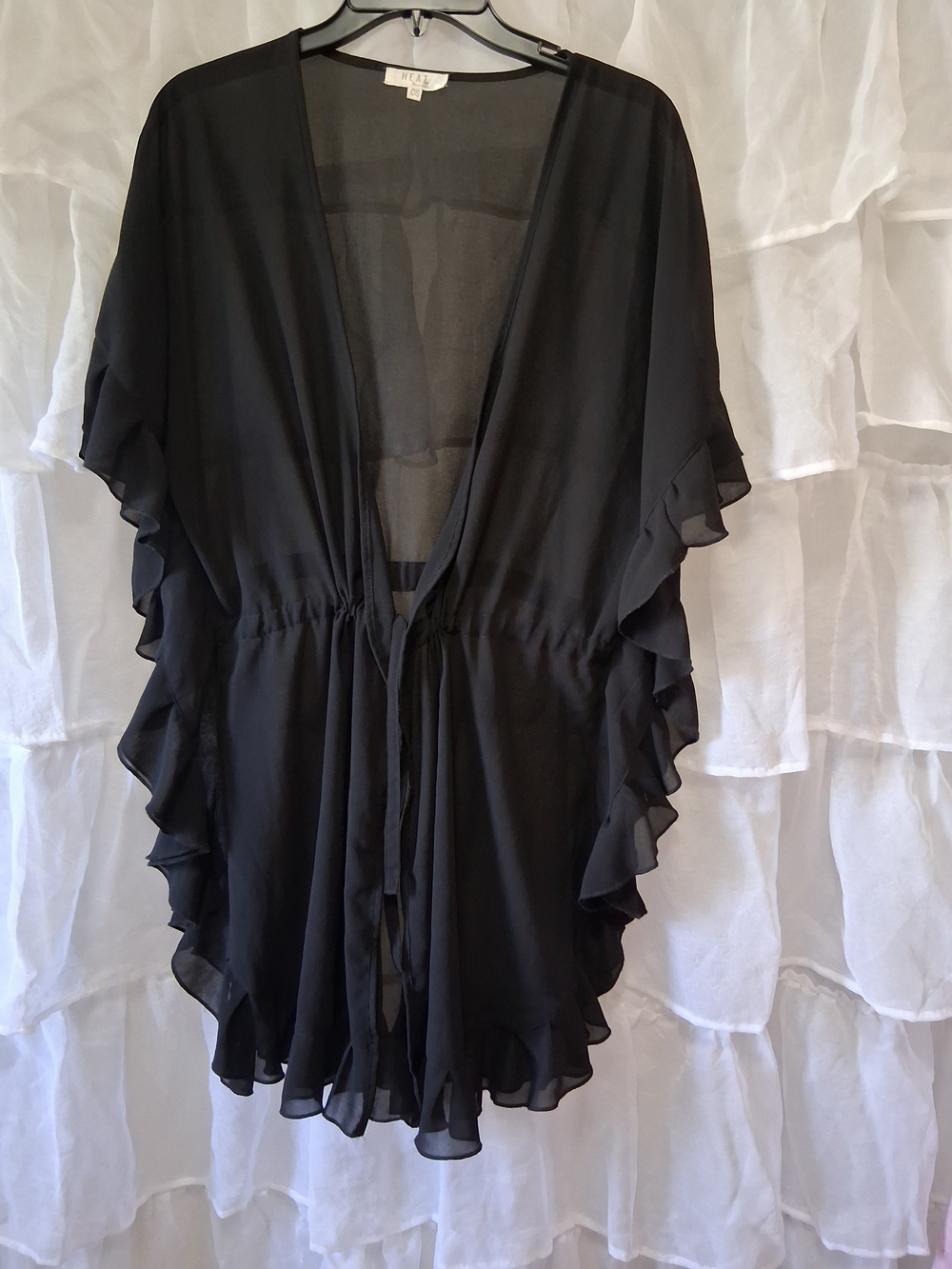 Sheer Black Ruffle Tie-Front Swim Coverup